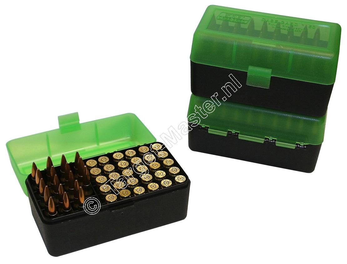 MTM RS50 Flip-Top Ammo Box CLEAR GREEN / BLACK content 50